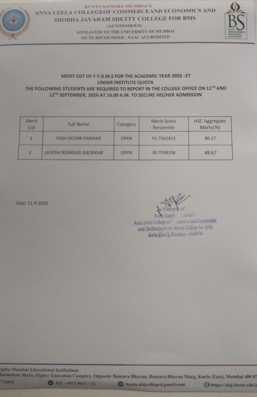 F.Y.B.M.S Merit List AY 2026-27 - Anna Leela College