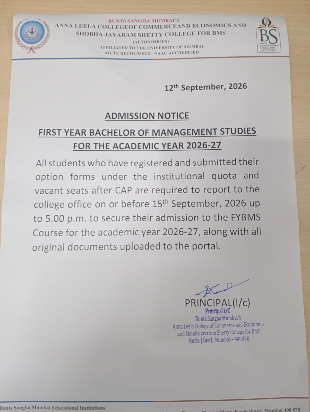 F.Y.B.M.S Admission Notice AY 2026-27 - Anna Leela College